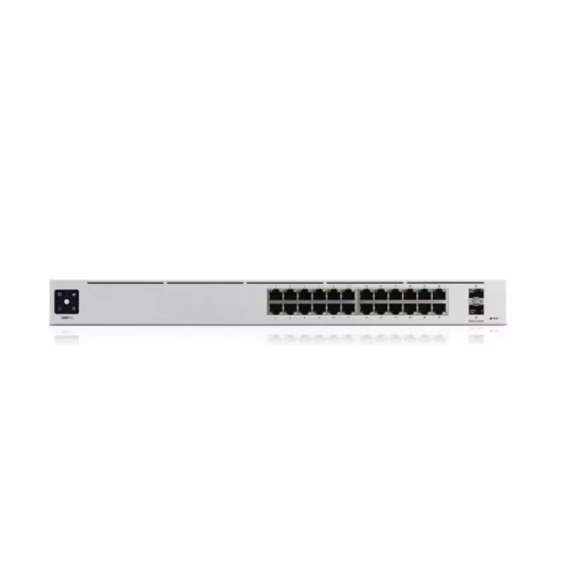 Pārvaldāms slēdzis UBIQUITI USW-PRO-24-EU — 24× Gigabit RJ-45, 2× SFP+, L2/L3, statīvā montējams, sudrabs