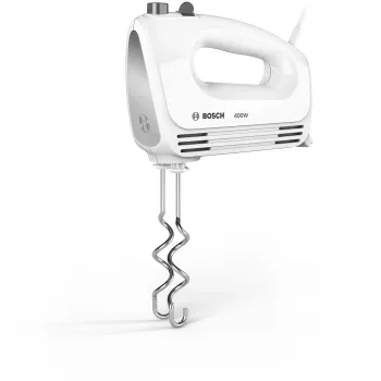 Rokas mikseris Bosch MFQ24200 — 400 W, 4 ātrumi, turbo, matēts tērauds/balts
