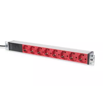 DIGITUS 1U Alumīnija PDU, statīvā montējams 10A Kontaktdakša, 250VAC 50/60Hz, 8x Sarkans CEE 7/7 kontaktligzda ar iebūvētu drošinātāju, IEC C14 spraudnis