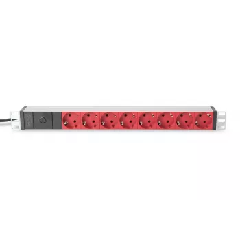 DIGITUS 1U Alumīnija PDU, statīvā montējams 10A Kontaktdakša, 250VAC 50/60Hz, 8x Sarkans CEE 7/7 kontaktligzda ar iebūvētu drošinātāju, IEC C14 spraudnis