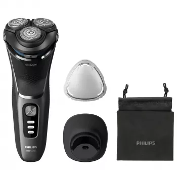 Philips 3000 Series S3343/13 elektriskais skuveklis — 3 rotējošas galviņas, slapjai/sausai skūšanai, 60 min akumulators, PowerCut asmeņi