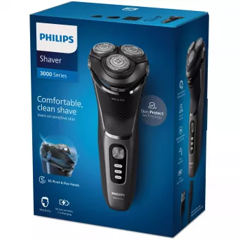 Philips 3000 Series S3343/13 elektriskais skuveklis — 3 rotējošas galviņas, slapjai/sausai skūšanai, 60 min akumulators, PowerCut asmeņi
