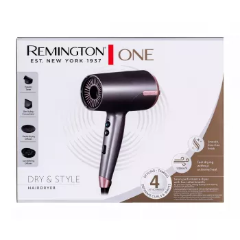 Fēns Remington D6077 ONE Dry & Style 2000 W, jonu funkcija, aukstā pūte, difuzors, 3 temperatūras iestatījumi, pelēks/bronza