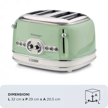 Ariete 156 4 Slotu Vintage Toaster, 1600 W, 6 Grauzdēšanas Līmeņi, Nerūsējošais Tērauds Krāsots Pasteļzaļā, Bez Sviestmaižu Turētājiem, Zaļš