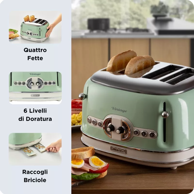 Ariete Vintage 156 4 šķēlīšu tosteris, 1600 W, gaiši zaļā krāsā