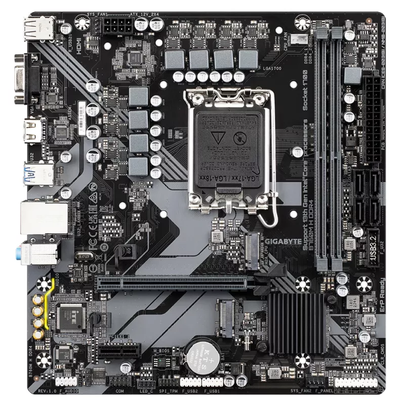 GIGABYTE B760M H DDR4 mātesplate - atbalsta Intel Core 14. paaudzes CPU, 6+1+1 fāžu digitālais VRM, līdz 3200MHz DDR4 (OC), 2xPCIe 4.0 M.2, GbE LAN, USB 3.2 Gen1