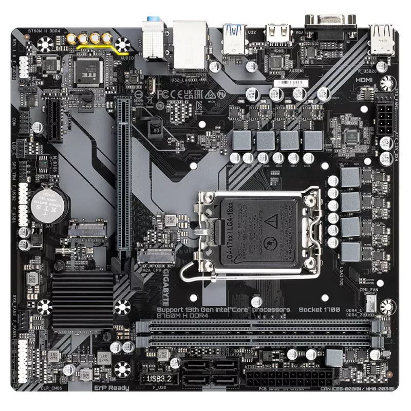 GIGABYTE B760M H DDR4 mātesplate - atbalsta Intel Core 14. paaudzes CPU, 6+1+1 fāžu digitālais VRM, līdz 3200MHz DDR4 (OC), 2xPCIe 4.0 M.2, GbE LAN, USB 3.2 Gen1