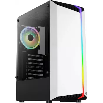 PC korpuss AEROCOOL Bionic Midi Tower balts — ATX, rūdīts stikls, 2x3.5 collu sloti, 6x2.5 collu, 297 mm GPU, zils LED