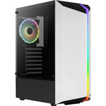 PC korpuss AEROCOOL Bionic Midi Tower balts — ATX, rūdīts stikls, 2x3.5 collu sloti, 6x2.5 collu, 297 mm GPU, zils LED