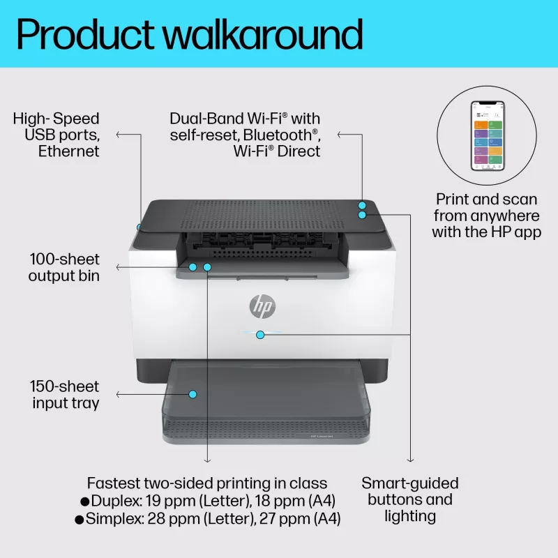 HP LaserJet M207dw printeris, lāzeris, 600 x 600 DPI, A4, 27 lpp/min, abpusējā druka, pelēks, balts