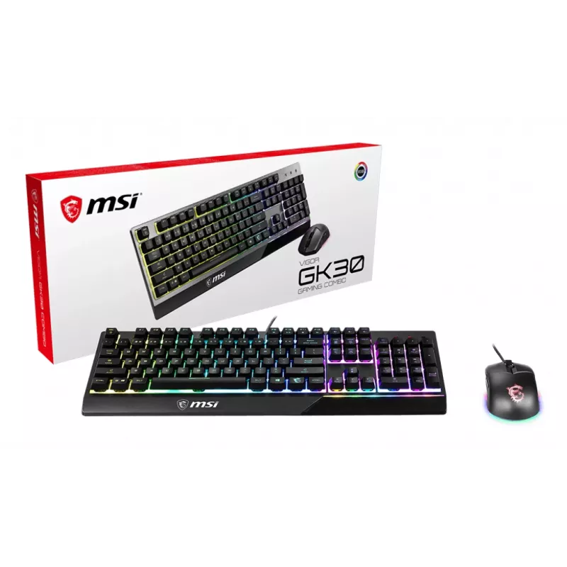 MSI VIGOR GK30 COMBO RGB MEMchanical spēļu tastatūra + Clutch GM11 spēļu pele (UK izkārtojums, 6 zonu RGB apgaismojums tastatūrai, divu zonu RGB pele, 5000 DPI optiskais sensors, RGB Mystic Light)