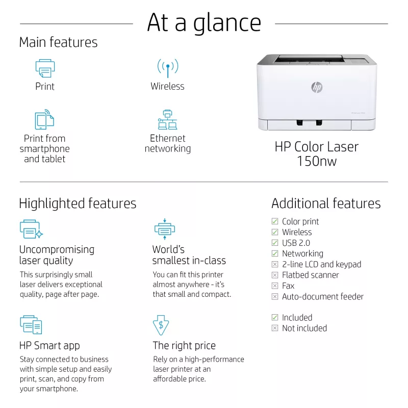 HP Color Laser 150nw, lāzerprinteris, krāsu, 600 x 600 DPI, A4, 18 ppm, dupleksā drukāšana
