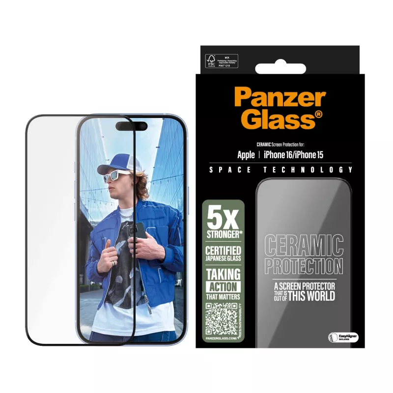PanzerGlass® Keramikas ekrāna aizsargs iPhone 16 | 15 | Ultra-Wide Fit ar EasyAligner