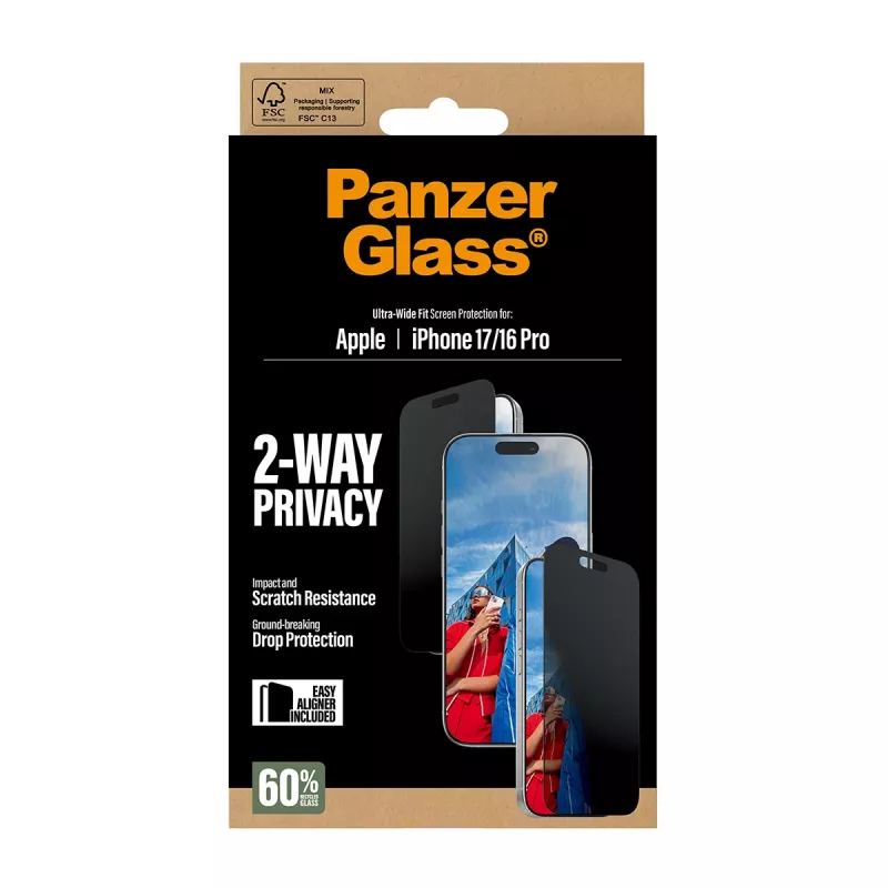 PanzerGlass® 2-Way privātuma ekrāna aizsargs iPhone 17 | iPhone 16 Pro | Ultra-Wide Fit ar EasyAligner