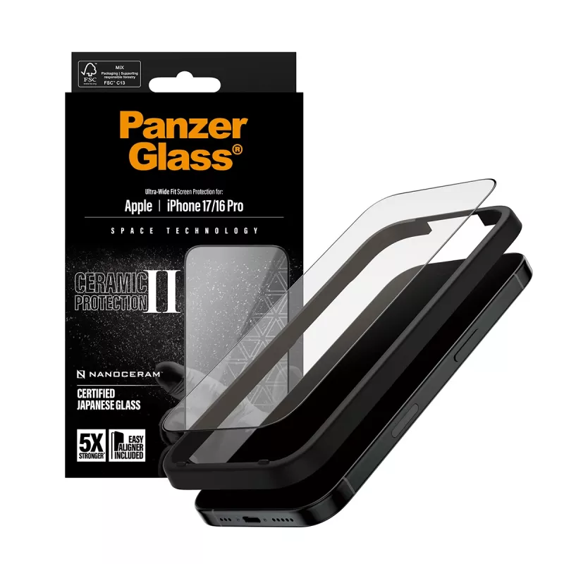 PanzerGlass® Ceramic II Ekrāna aizsargs iPhone 17 | iPhone 16 Pro | Ultra-Wide Fit ar EasyAligner