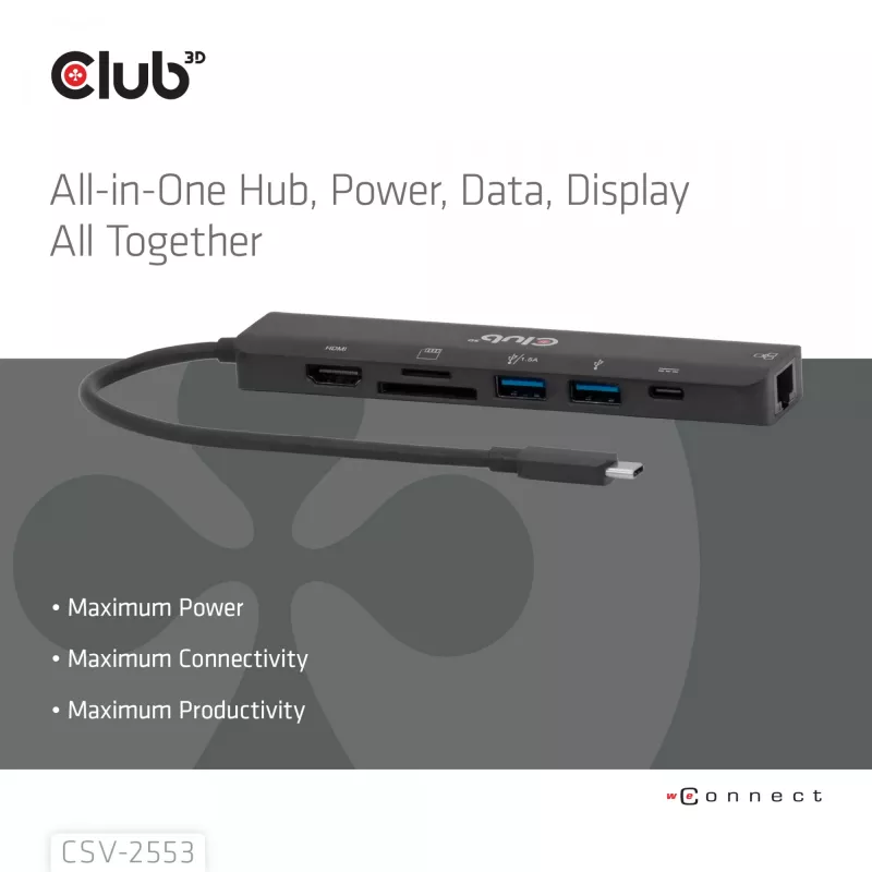 CLUB3D CSV-2553 USB-C 7-in-1 centrmezgls HDMI RJ45 SD/microSD 5 Gbit/s