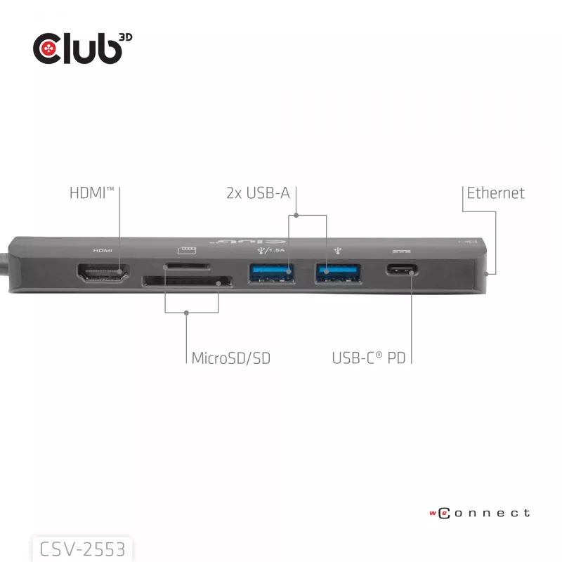 CLUB3D CSV-2553 USB-C 7-in-1 centrmezgls HDMI RJ45 SD/microSD 5 Gbit/s