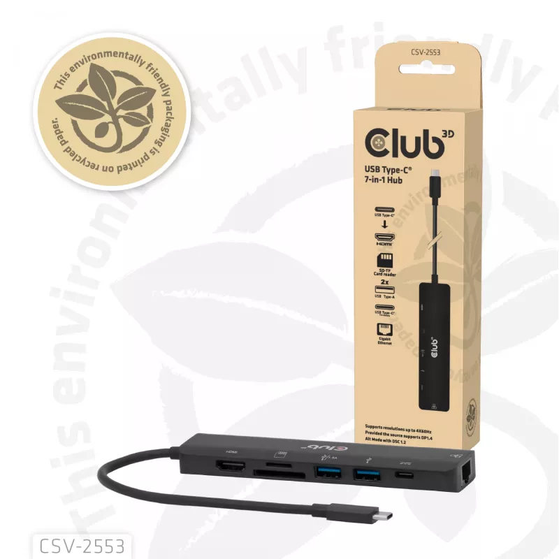 CLUB3D CSV-2553 USB-C 7-in-1 centrmezgls HDMI RJ45 SD/microSD 5 Gbit/s