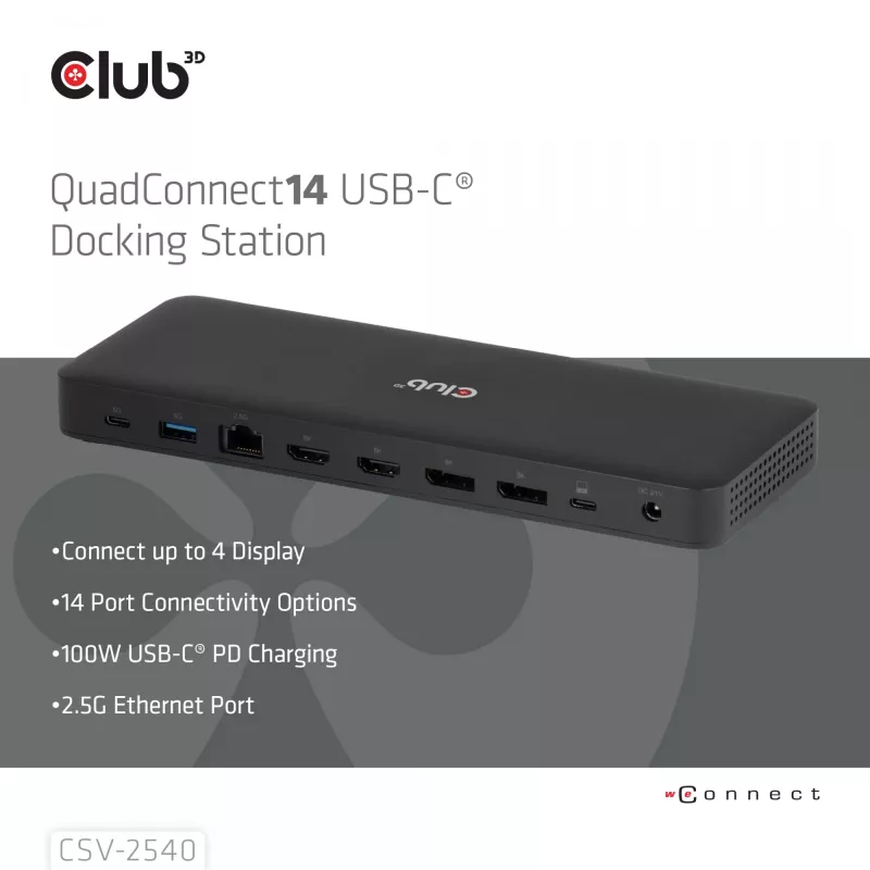 Docking stacija CLUB 3D 14-1 USB-C Quad Display ar 2× USB 2.0 portiem