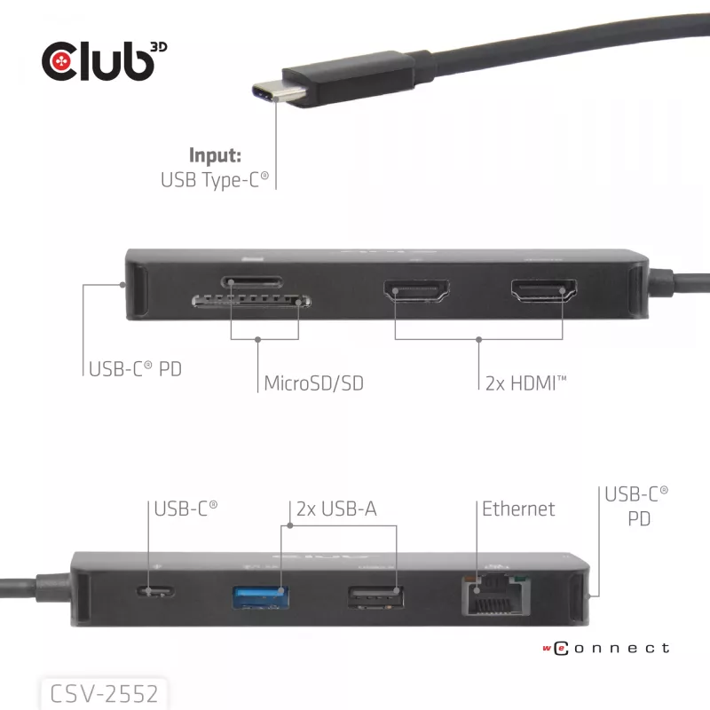 CLUB3D 9-1 Dual HDMI™ USB-C® Hubs ar PD3.0 100W