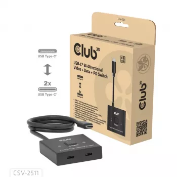 CLUB3D USB-C® Divvirzienu Video + Dati + PD Slēdzis, USB Type-C, 2x DisplayPort, 7680 x 4320 pikseļi, Melns, 8K Ultra HD, 120 Hz