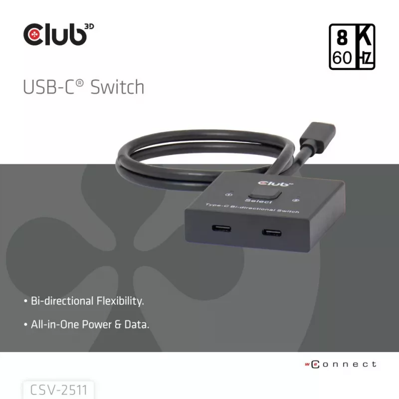 CLUB3D USB-C® Divvirzienu Video + Dati + PD Slēdzis, USB Type-C, 2x DisplayPort, 7680 x 4320 pikseļi, Melns, 8K Ultra HD, 120 Hz