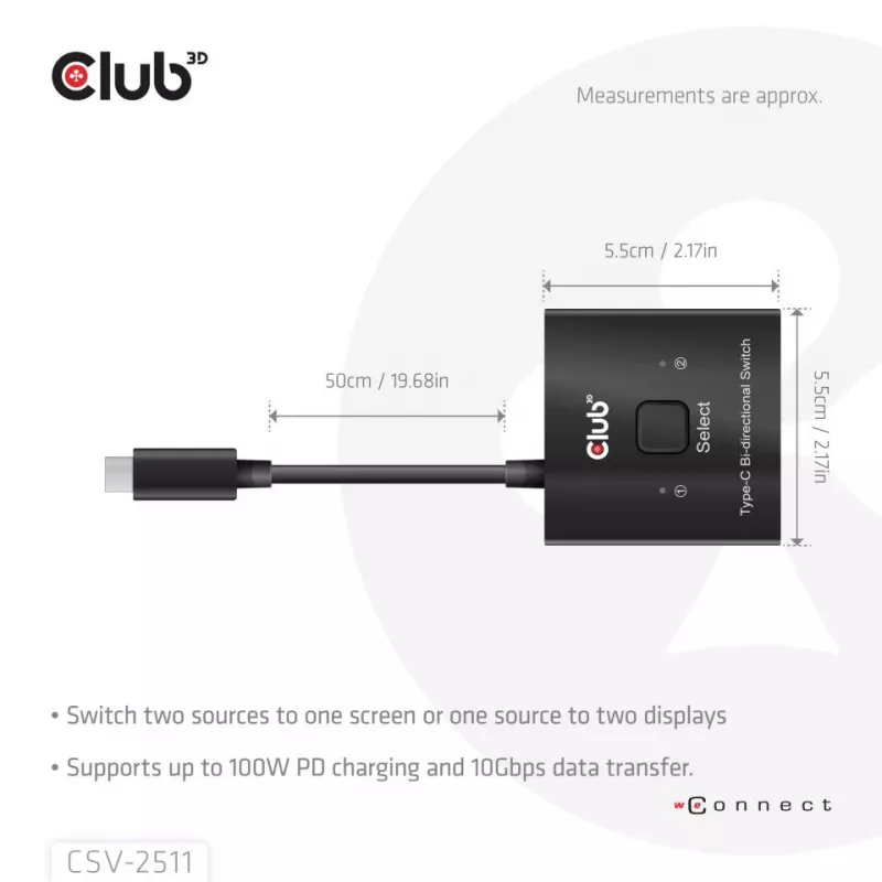CLUB3D USB-C® Divvirzienu Video + Dati + PD Slēdzis, USB Type-C, 2x DisplayPort, 7680 x 4320 pikseļi, Melns, 8K Ultra HD, 120 Hz