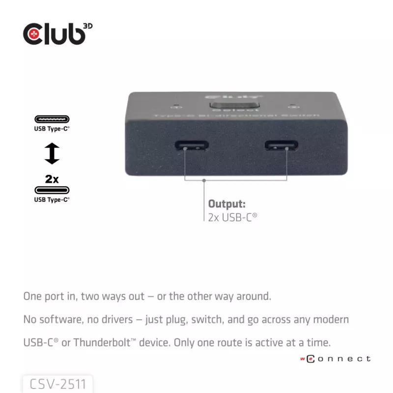 CLUB3D USB-C® Divvirzienu Video + Dati + PD Slēdzis, USB Type-C, 2x DisplayPort, 7680 x 4320 pikseļi, Melns, 8K Ultra HD, 120 Hz