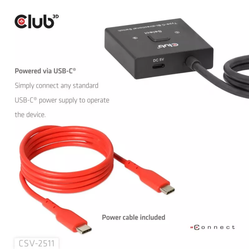 CLUB3D USB-C® Divvirzienu Video + Dati + PD Slēdzis, USB Type-C, 2x DisplayPort, 7680 x 4320 pikseļi, Melns, 8K Ultra HD, 120 Hz