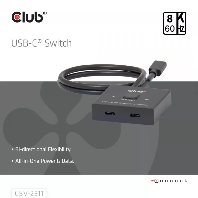 CLUB3D USB-C® Divvirzienu Video + Dati + PD Slēdzis, USB Type-C, 2x DisplayPort, 7680 x 4320 pikseļi, Melns, 8K Ultra HD, 120 Hz
