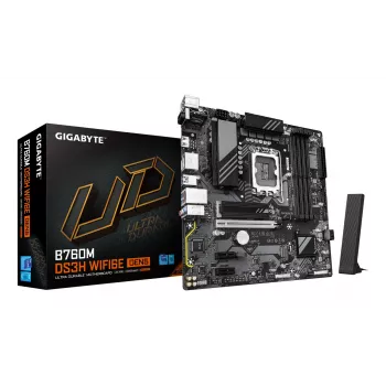 Mātesplate GIGABYTE B760M DS3H WIFI6E GEN5 - Atbalsta Intel Core 14. paaudzes CPU, 6+2+1 fāžu digitālais VRM, līdz 5600MHz DDR5, 2xPCIe 4.0 M.2, Wi-Fi 6E, 2.5GbE LAN, USB 3.2 Gen2