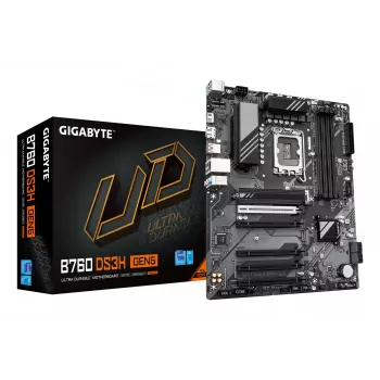 Mātesplate GIGABYTE B760 DS3H GEN5 – Atbalsta Intel Core 14. paaudzes CPU, 8+2+1 fāžu digitālais VRM, līdz 5600MHz DDR5, 2xPCIe 4.0 M.2, 1GbE LAN, USB 3.2 Gen 2x2