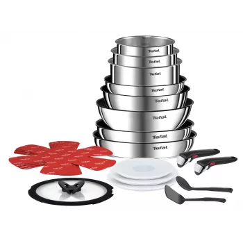 Trauku komplekts Tefal Ingenio L897SJ04 20 gab. — nerūsējošais tērauds, nepiedegošs, 5 cepamās pannas, 3 katli, wok, 4 vāki