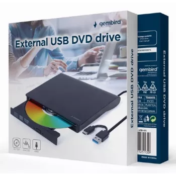 Iekšējais DVD±RW diskdzinis Gembird DVD-USB-031 — USB Type-C, 24x CD / 8x DVD, frontāla ielāde, melns, 140×18×140 mm