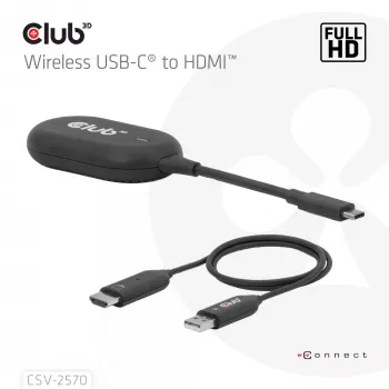CLUB3D Bezvadu USB-C® uz HDMI™ raidītājs un uztvērējs, 1920 x 1080 pikseļi, melns