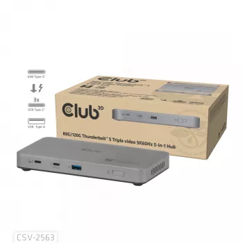 CLUB3D CSV-2563 5-1 Thunderbolt™ 5 Hub ar trīs video 5K60Hz Thunderbolt™ Share sertificēts 180W