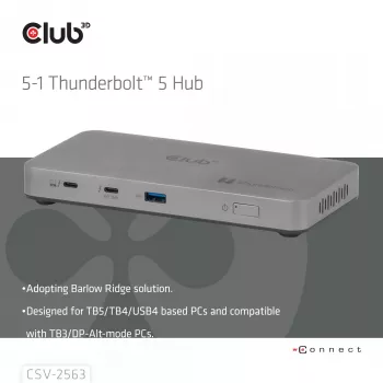 CLUB3D CSV-2563 5-1 Thunderbolt™ 5 Hub ar trīs video 5K60Hz Thunderbolt™ Share sertificēts 180W