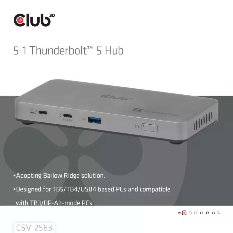 CLUB3D CSV-2563 5-1 Thunderbolt™ 5 Hub ar trīs video 5K60Hz Thunderbolt™ Share sertificēts 180W