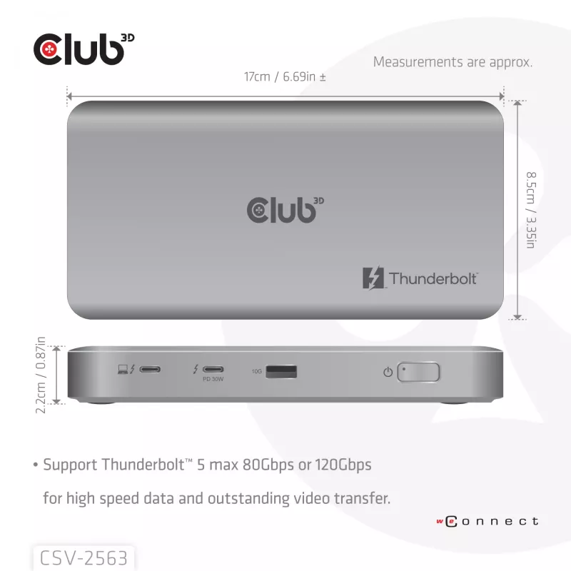 CLUB3D CSV-2563 5-1 Thunderbolt™ 5 Hub ar trīs video 5K60Hz Thunderbolt™ Share sertificēts 180W