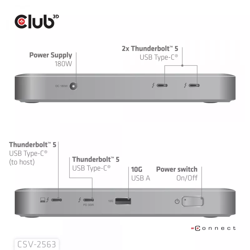 CLUB3D CSV-2563 5-1 Thunderbolt™ 5 Hub ar trīs video 5K60Hz Thunderbolt™ Share sertificēts 180W