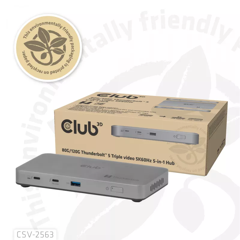 CLUB3D CSV-2563 5-1 Thunderbolt™ 5 Hub ar trīs video 5K60Hz Thunderbolt™ Share sertificēts 180W
