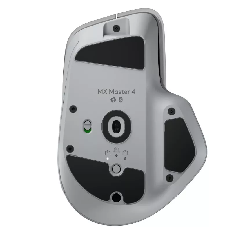 Logitech pele MX Master 4 — labā roka, lāzera 8000 DPI, RF bezvadu + Bluetooth, 8 pogas, pelēka
