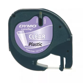 DYMO LetraTag caurspīdīgās plastmasas etiķetes | 12 mm x 4 m | Melns teksts uz caurspīdīga fona | Universālas pašlīmējošas etiķetes LetraTag marķētājiem