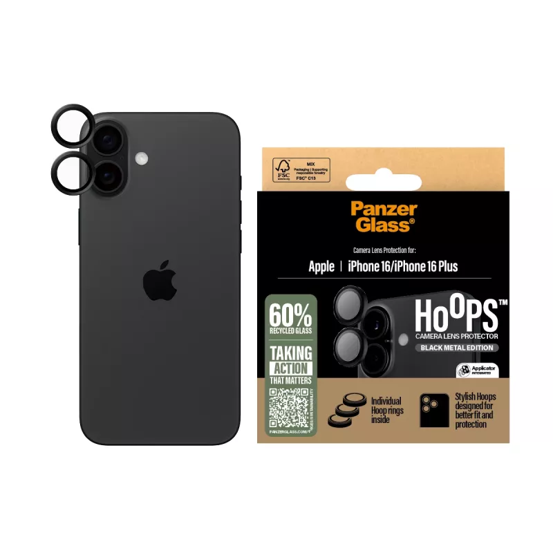 PanzerGlass® Hoops® kameras lēcu aizsargs melns iPhone 16 | 16 Plus
