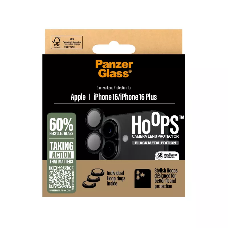 PanzerGlass® Hoops® kameras lēcu aizsargs melns iPhone 16 | 16 Plus