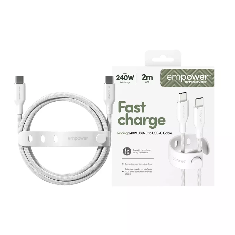 PanzerGlass empower™ by ® Racing 240W USB-C uz USB-C kabelis | USB 2.0 | 2m | sudrabaini balts