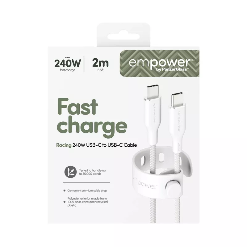 PanzerGlass empower™ by ® Racing 240W USB-C uz USB-C kabelis | USB 2.0 | 2m | sudrabaini balts