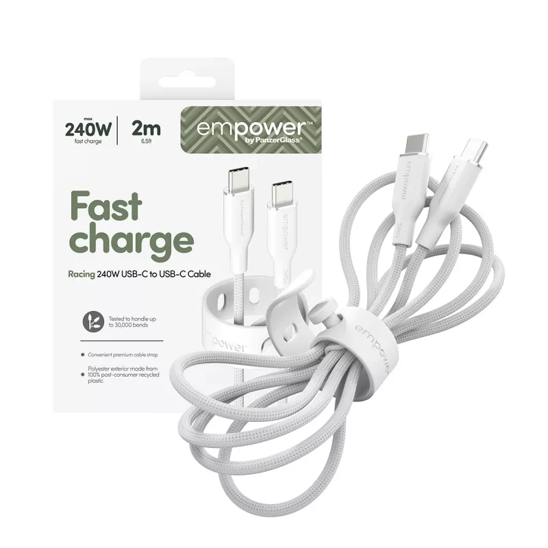 PanzerGlass empower™ by ® Racing 240W USB-C uz USB-C kabelis | USB 2.0 | 2m | sudrabaini balts