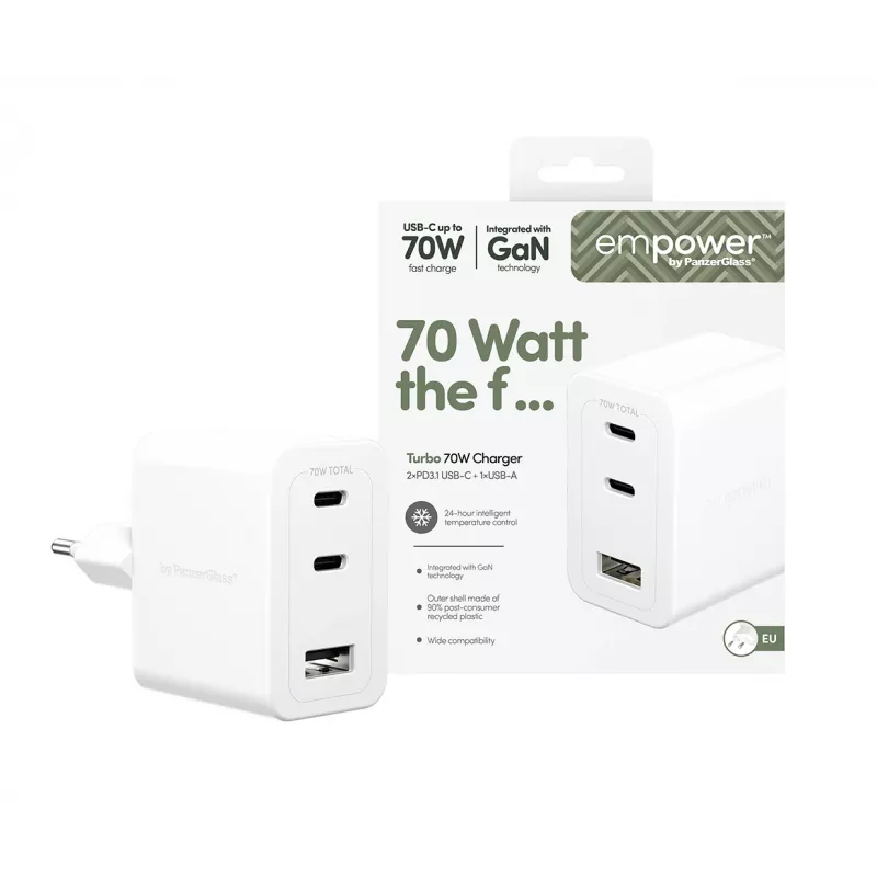 PanzerGlass empower™ by ® Turbo 70W daudzportu lādētājs ar 2 x USB-C + USB-A | EU spraudnis | Sudrabbalts