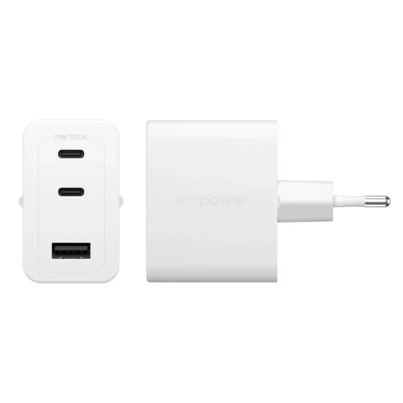 PanzerGlass empower™ by ® Turbo 70W daudzportu lādētājs ar 2 x USB-C + USB-A | EU spraudnis | Sudrabbalts